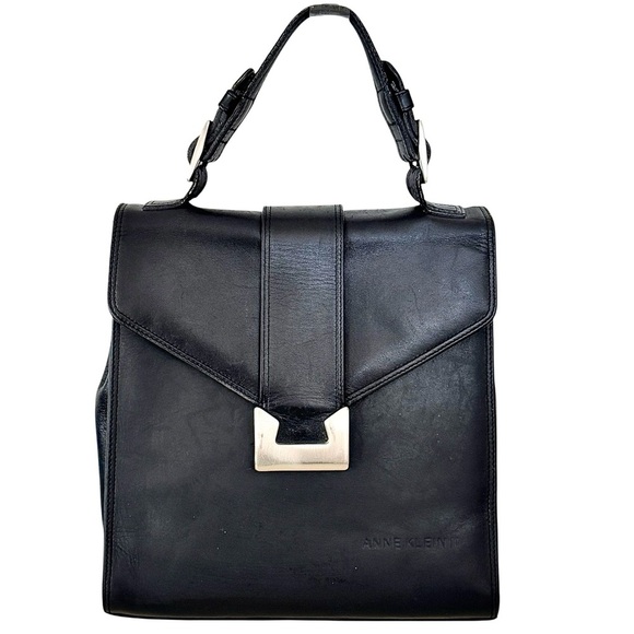 Vintage Handbags - Vintage Y2K Anne Klein Handbag Top Handle Black Genuine Leather Silver Hardware